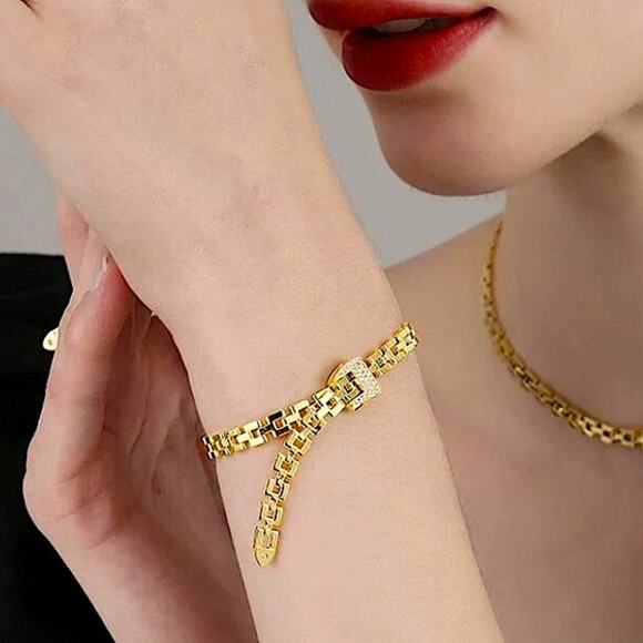 Gold Belt Buckle Bracelet Matching Ring Set, Zircon, Chain Link, Minimalist - Picture 9 of 13